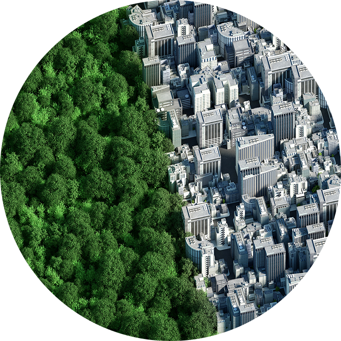 circle containing photo of city and trees taken from an aerial view