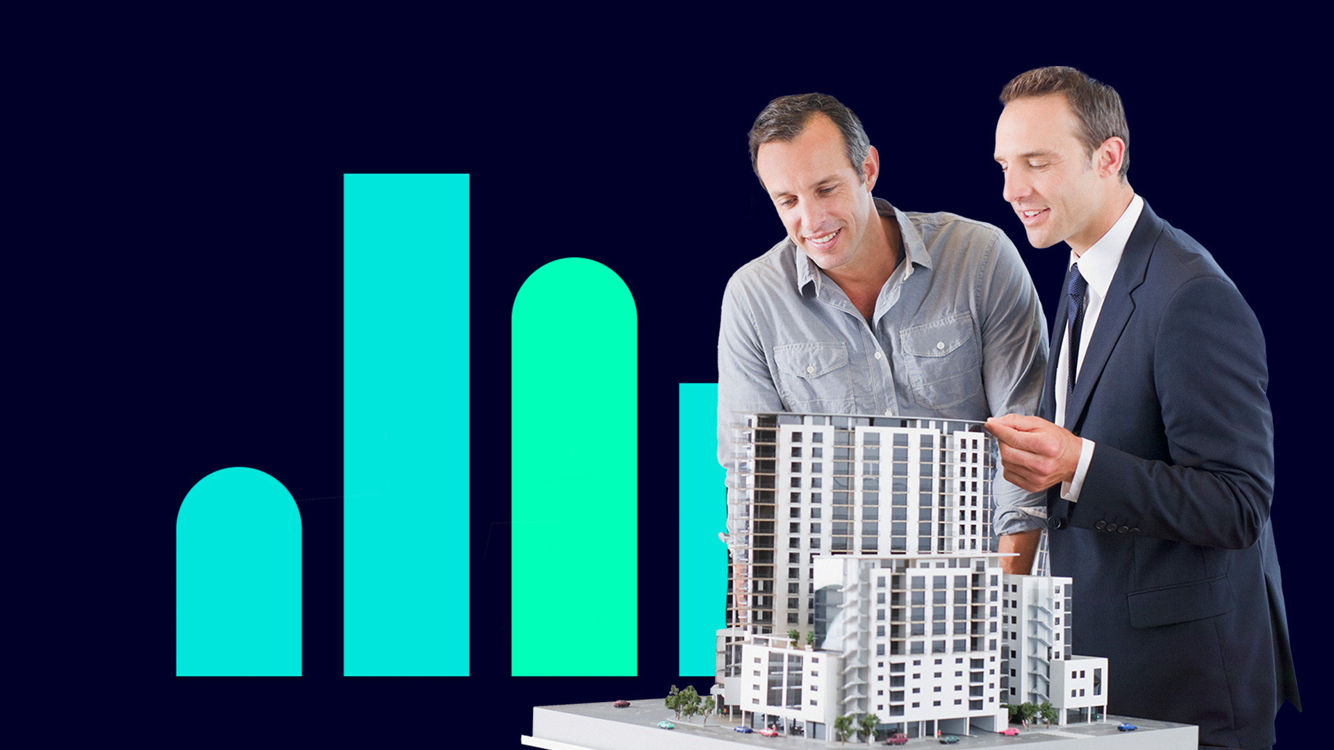 Image of two business men looking at a city model with bar chart icon in background